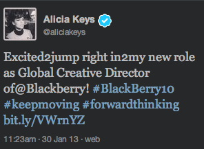 Illustration for article titled BlackBerry Spokesperson Alicia Keys Tweets From Her iPhone